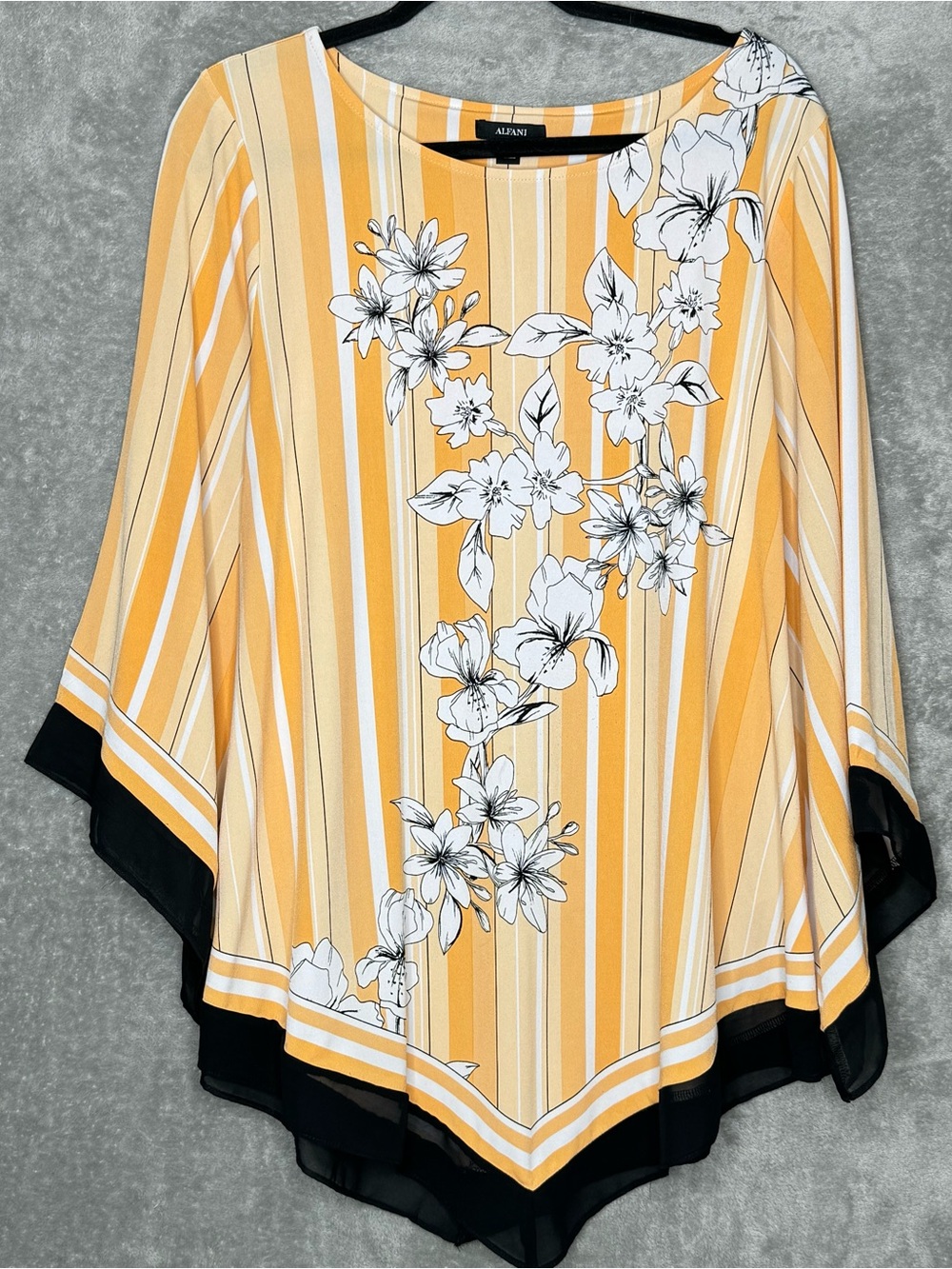 Alfani Women’s 2X Top Orange Striped Floral Print Asymmetric Hem 3/4 Sleeve - Picture 2 of 9